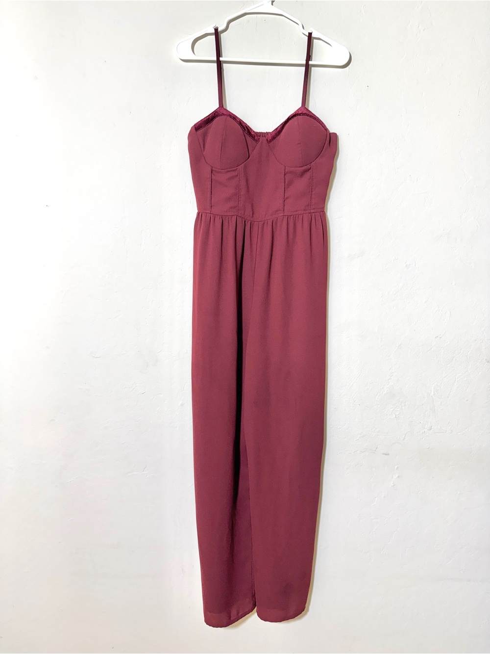 Burgundy Wide leg Jumpsuit - Velvet Trim, Sleeveless